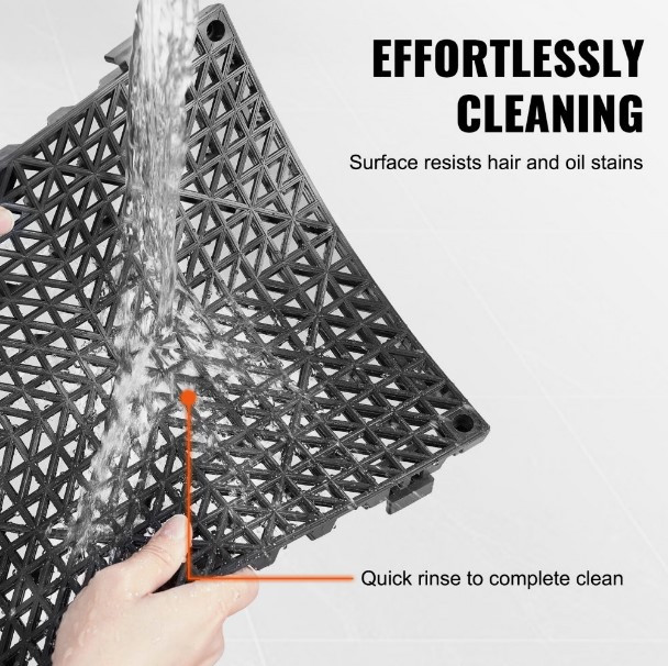 VEVOR Interlocking Tile 50PCS Black, Drainage Tiles 12" x 12" Splicing, Soft PVC Interlocking Drainage Floor Tiles, Non-Slip Drainage Holes for Restroom, Bathroom, Kitchen, Pool, Wet Areas