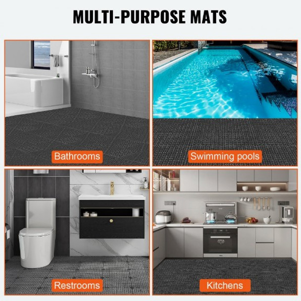 VEVOR Interlocking Tile 50PCS Black, Drainage Tiles 12" x 12" Splicing, Soft PVC Interlocking Drainage Floor Tiles, Non-Slip Drainage Holes for Restroom, Bathroom, Kitchen, Pool, Wet Areas