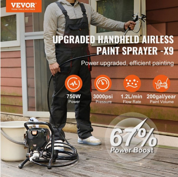 VEVOR Stand Airless Paint Sprayer, 3000PSI 750W Efficient Electric Airless Sprayer,for Home Interior and Exterior Furniture and Fences, Handheld Paint Sprayers, Fine and Even Painting Effect