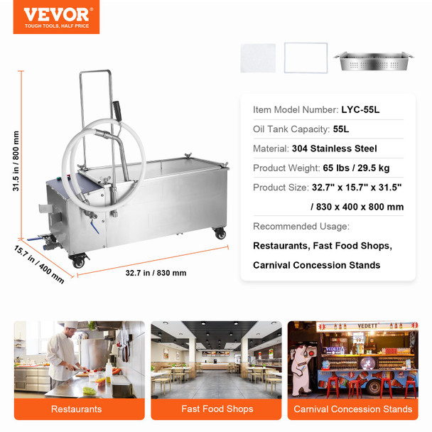 VEVOR Mobile Fryer Oil Filter System, 55L Commercial Restaurant Deep Fryer Oil Filtration Machin