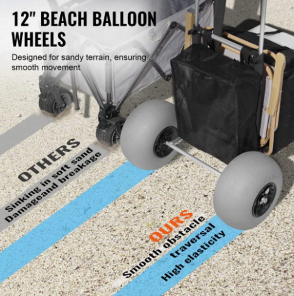 VEVOR Beach Dolly with Big Wheels for Sand, 29.9" x 15.4" Cargo Deck, w/ 12" Balloon Wheels, 165LBS Loading Capacity Folding Sand Cart & 27" to 44.7" Adjustable Height, Heavy Duty Cart for Beach