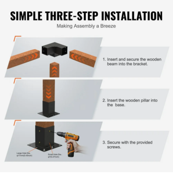 VEVOR Pergola Bracket Kit 4''x4'', 8pcs 3-Way Heavy Duty Corner Bracket Woodworks DIY Post Base Kit, Easy Installation Wooden Beams for Gazebos, Patio Pergolas, Log Cabin Outdoor Pergola Hardware
