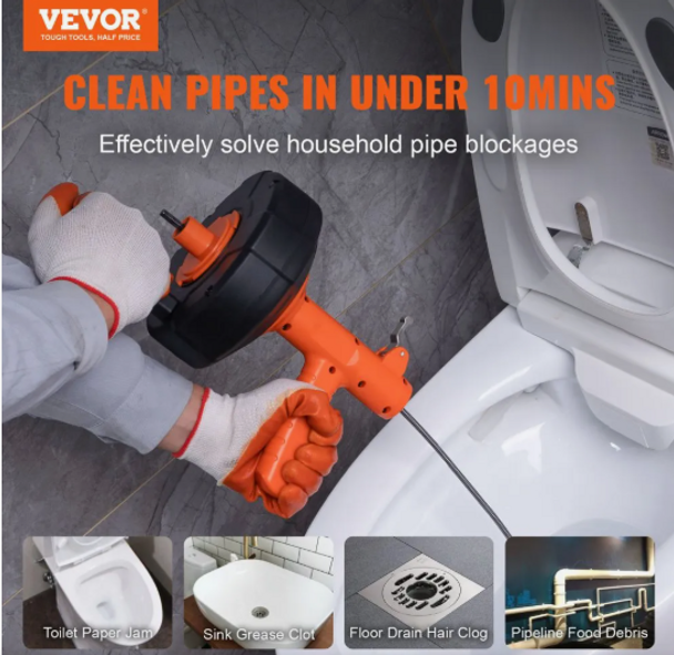 VEVOR Drain Auger 25Ft, Plumbing Snake Auto Feed, Plumbers Snake with Drill Attachment, Pipe Snake Drain Clog Remover for Kitchen Bathroom Shower Sink with Protective Hose and Gloves VEVOR Drain Auger 25Ft, Plumbing Snake Auto Feed, Plumbers Snake with Drill Attachment, Pipe Snake Drain Clog Remover for Kitchen Bathroom Shower Sink with Protective Hose and Gloves