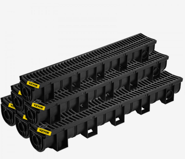 VEVOR Trench Drain System, Channel Drain with Plastic Grate, 5.9x5.1-Inch HDPE Drainage Trench, Black Plastic Garage Floor Drain, 6x39 Trench Drain Grate, with 6 End Caps, for Garden, Driveway-6 Pack