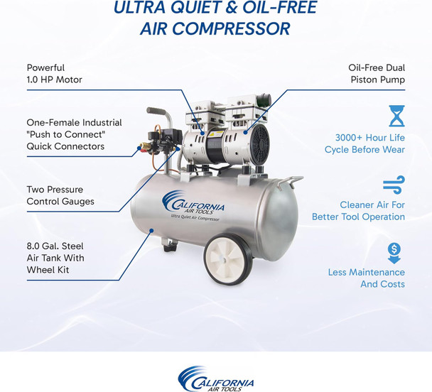 California Air Tools 8010 Ultra-Quiet 60 dB, 1.0 HP, 8-Gallon Steel Tank, Oil-Free Air Compressor