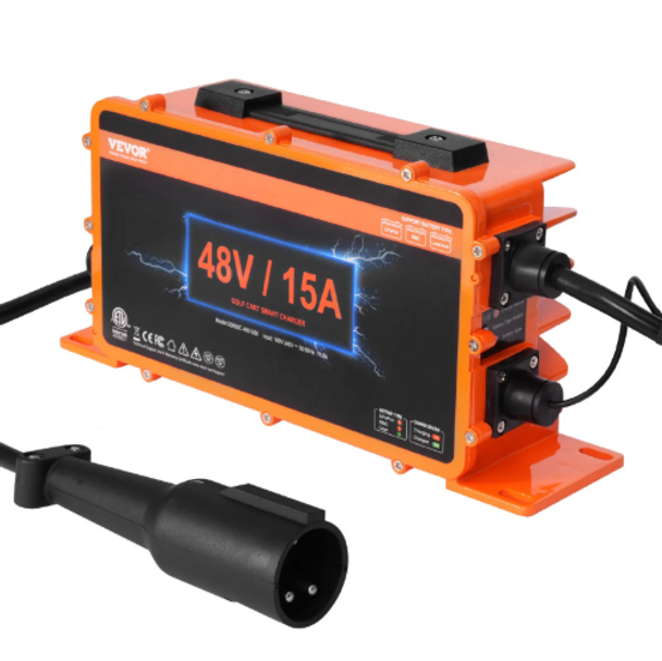 VEVOR 48 Volt Golf Cart Battery Charger, 15 AMP, Smart Battery Charger with 3-Pin Round Plug, Compatible with Lead-Acid AGM/GEL/EFB MF Flooded NMC LiFePO4 Batteries for Club Car, IP67 ETL Certified