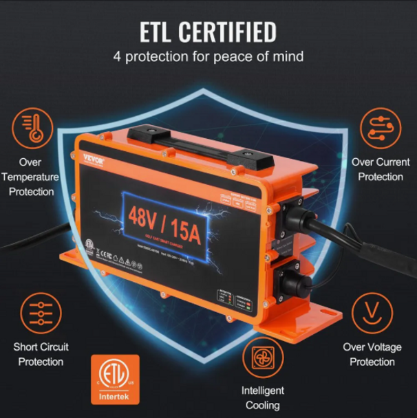 VEVOR 48 Volt Golf Cart Battery Charger, 15 AMP, Smart Battery Charger with 3-Pin Round Plug, Compatible with Lead-Acid AGM/GEL/EFB MF Flooded NMC LiFePO4 Batteries for Club Car, IP67 ETL Certified