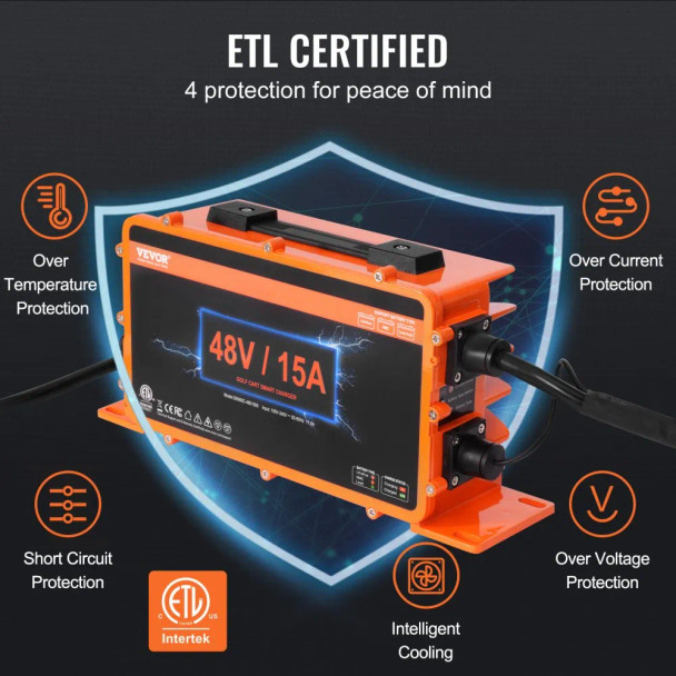 VEVOR 48 Volt Golf Cart Battery Charger, 15 AMP, Smart Battery Charger with G29 Plug, Compatible with Lead-Acid AGM/GEL/EFB MF Flooded NMC LiFePO4 Batteries for Yamaha, IP67 Waterproof ETL Certified VEVOR 48 Volt Golf Cart Battery Charger, 15 AMP, Smart Battery Charger with G29 Plug, Compatible with Lead-Acid AGM/GEL/EFB MF Flooded NMC LiFePO4 Batteries for Yamaha, IP67 Waterproof ETL Certified