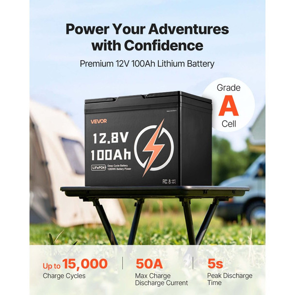 VEVOR 12V 100Ah LiFePO4 Battery, Up to 15000 Cycles, Deep Cycle Lithium Iron Phosphate Battery with Built-in BMS, Low Temperature Protection, 10 Years Lifetime, for Solar Off-Grid Home Energy Storage