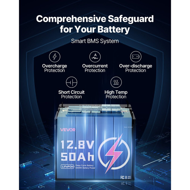 VEVOR 12V 50Ah LiFePO4 Lithium Battery – 15,000 Cycles Ultra-Portable Deep Cycle Power 10 years Lifetime for Off grid