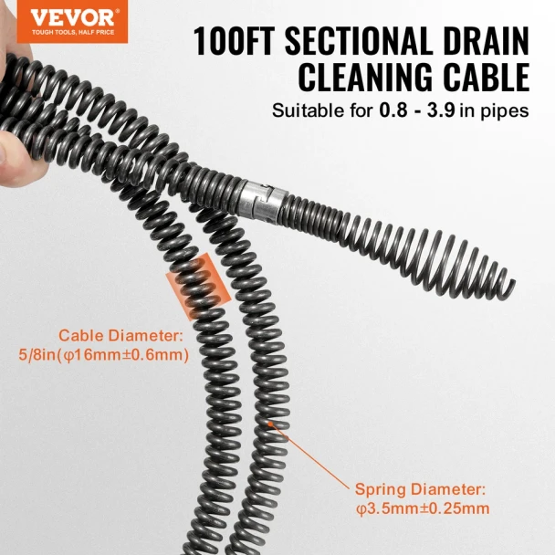 VEVOR 100 ft x 5/8 in Sectional Drain Cleaning Cable with 7 Cutters