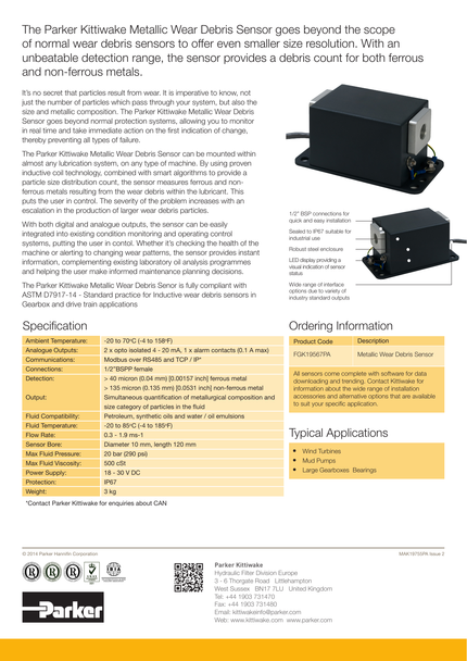 Parker Kittiwake On-Line Metallic Wear Debris Sensor