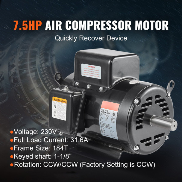 VEVOR 7.5HP Air Compressor Motor - 230V, 30A, 3450RPM, 184T Frame - High-Performance Electric Motor for Industrial & Commercial Air Compressors - Reversible CW/CCW