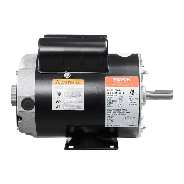 VEVOR 5HP SPL Air Compressor Motor - 230V, 17.6A, 3450RPM, 56 Frame, Reversible CW/CCW - High-Performance Replacement Motor for Industrial & Commercial Air Compressors