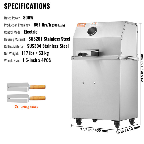VEVOR Electric Sugar Cane Juicer, 800W Sugarcane Juicer Machine with 661LBS/H High