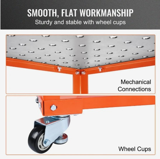 VEVOR Welding Table 36'' x 24'', 600lbs Load Capacity Steel Welding Workbench Table on Wheels, Portable Work Bench with Double-layer Storage Board, 5/8-inch Fixture Holes, 11 Hooks for Welding Projects