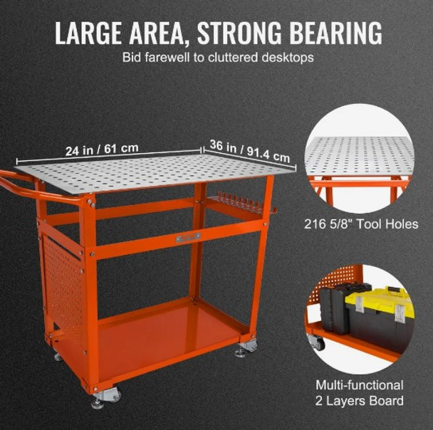 VEVOR Welding Table 36'' x 24'', 600lbs Load Capacity Steel Welding Workbench Table on Wheels, Portable Work Bench with Double-layer Storage Board, 5/8-inch Fixture Holes, 11 Hooks for Welding Projects