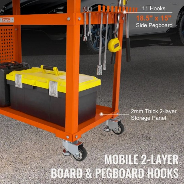 VEVOR Welding Table 36'' x 24'', 600lbs Load Capacity Steel Welding Workbench Table on Wheels, Portable Work Bench with Double-layer Storage Board, 5/8-inch Fixture Holes, 11 Hooks for Welding Projects
