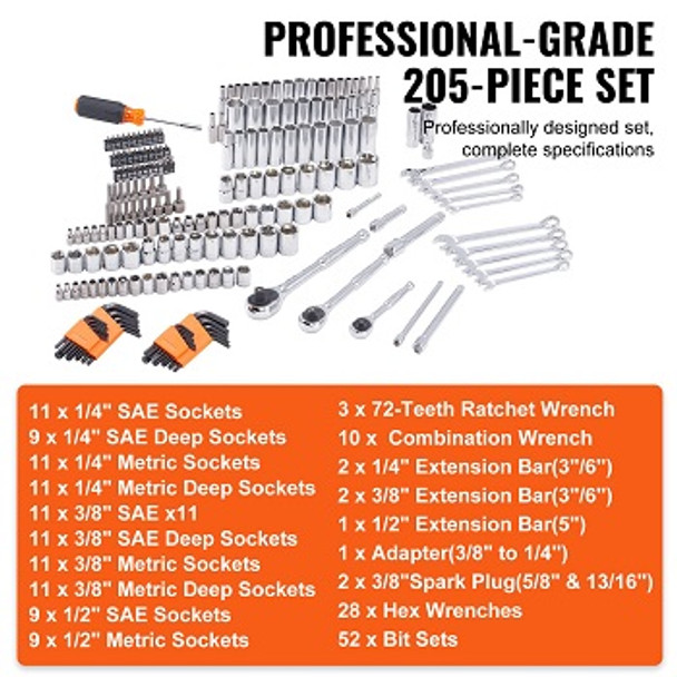 VEVOR Mechanics Tool Set and Socket Set, 1/4" 3/8" 1/2" Drive Deep and Standard Sockets, 205 Pcs SAE and Metric Mechanic Tool Kit with Bits, Combination Wrench, Hex Wrenches, Accessories, Storage Case