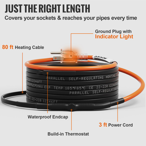 VEVOR 80-ft 5W/ft Self-Regulating Electric Heat Cable for Plumbing Freeze
