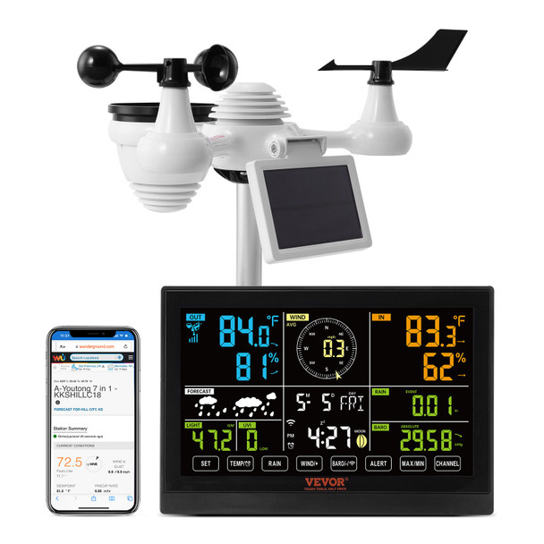 VEVOR 7-in-1 Wi-Fi Home Weather Station - 7.5" Color Display, Solar Wireless Sensor, Alarm Alerts for Temperature, Humidity, Wind & Rain