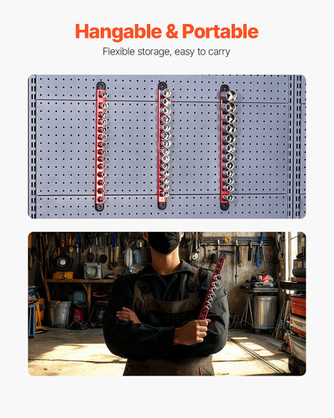 VEVOR 3-Piece Magnetic Socket Organizer Rail Set: Keep 40 SAE & Metric Sockets Organized and Accessible with Rotating Clips & Heavy-Duty Aluminum Rails