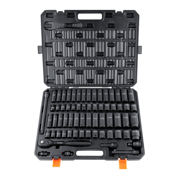 VEVOR 65-Piece 1/2" Drive Impact Socket Set - SAE & Metric, Cr-V Steel, 6-Point Hex, Deep & Standard, Easy-Read Markings, Auto Repair & Heavy-Duty Use