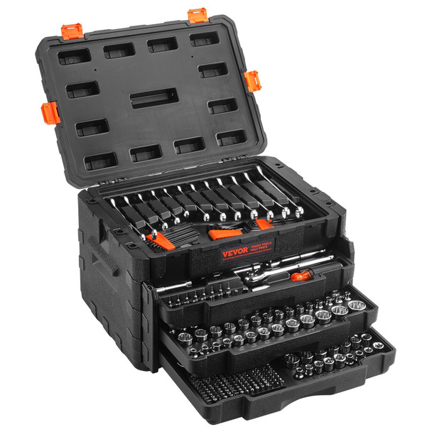 VEVOR 450-Piece Mechanics Tool Set & Socket Set - SAE & Metric, 1/4" 3/8" 1/2" Drive, Deep & Standard Sockets, Cr-V Steel, Portable Case,