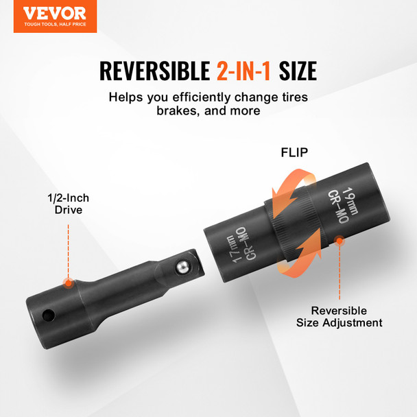 VEVOR 4-Piece 1/2" Drive Flip Lug Nut Impact Socket Set - SAE & Metric, 6-Point, Cr-Mo Steel, Corrosion Resistant,