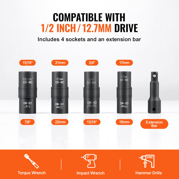 VEVOR 4-Piece 1/2" Drive Flip Lug Nut Impact Socket Set - SAE & Metric, 6-Point, Cr-Mo Steel, Corrosion Resistant,