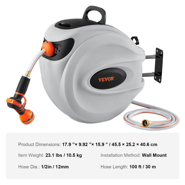 VEVOR 100 ft Retractable Garden Hose Reel | 1/2" Hose,