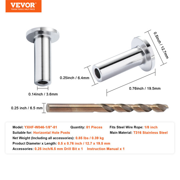 VEVOR 81 Pack 1/8" Stainless Steel Cable Railing Protector Sleeves - T316 Marine Grade - with Free Drill Bit - Wire Rope Protection for DIY Balustrade
