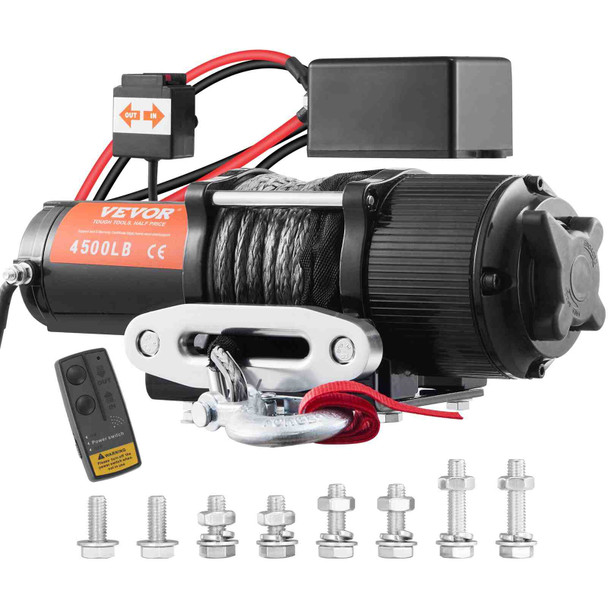 VEVOR Electric Winch, 12V 4500 lb Load Capacity Nylon Rope Winch, IP55 1/4” x 39ft ATV UTV Winch with Wireless Handheld Remote & Hawse Fairlead for Towing Jeep Off-Road SUV Truck, Car, Trailer, Boat