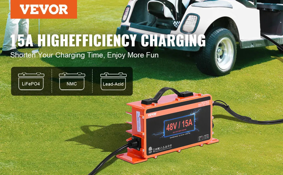 VEVOR 48 Volt Golf Cart Battery Charger, 15 AMP, Smart Battery Charger with G29 Plug, Compatible with Lead-Acid AGM/GEL/EFB MF Flooded NMC LiFePO4 Batteries for Yamaha, IP67 Waterproof ETL Certified