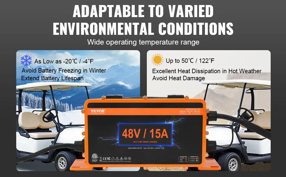 VEVOR 48 Volt Golf Cart Battery Charger, 15 AMP, Smart Battery Charger with G29 Plug, Compatible with Lead-Acid AGM/GEL/EFB MF Flooded NMC LiFePO4 Batteries for Yamaha, IP67 Waterproof ETL Certified