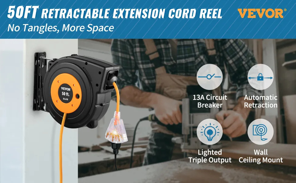 VEVOR 50ft Retractable Extension Cord Reel 14AWG/3CSJTOW Power Cord Reel