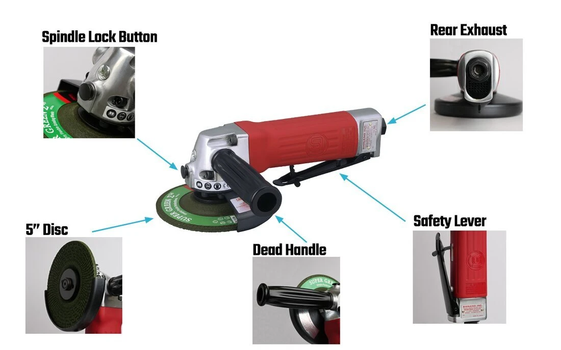 Annotated Shinano SI-2515LA-style grinder showing spindle lock, rear exhaust, side handle, five-inch disc and safety lever
