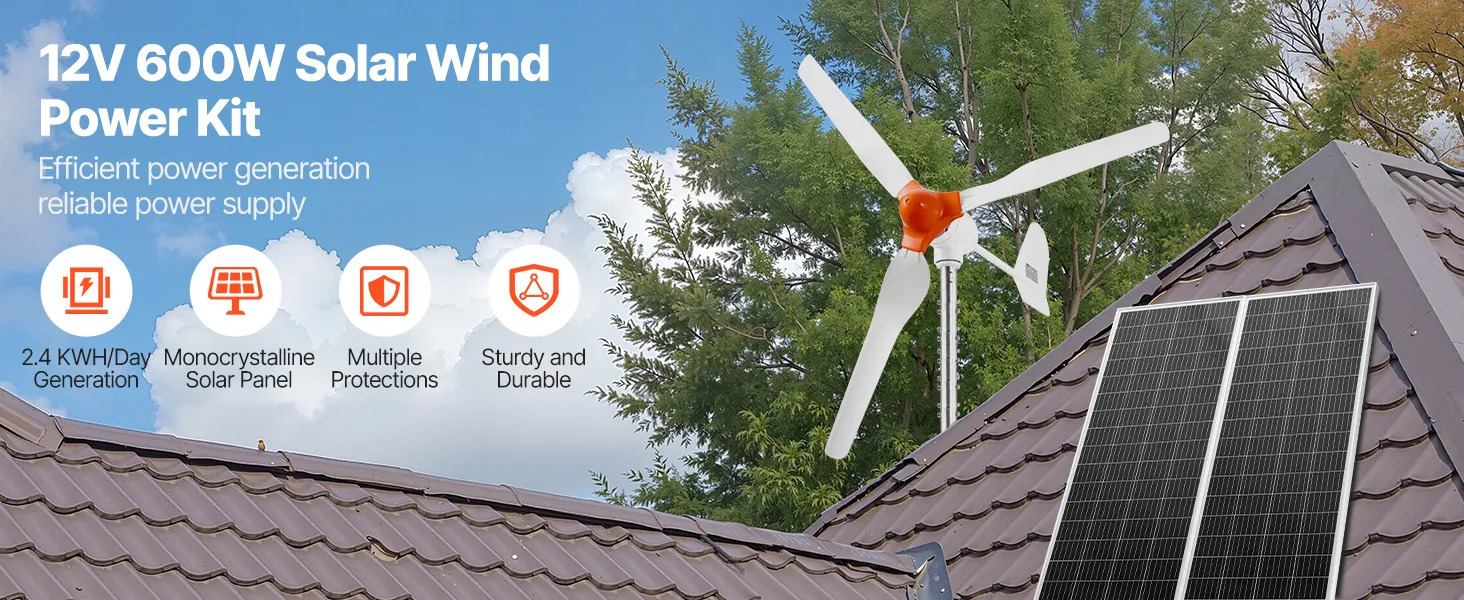 VEVOR 12V 600W Solar Wind Power Kit, 2PCS 100W Solar Panel + 400W Wind Turbine + 12.8V 100Ah LiFePO4 Battery + 1000W Power Inverter + MPPT Hybrid Controller for Home RV Boat Off-Grid Applications.