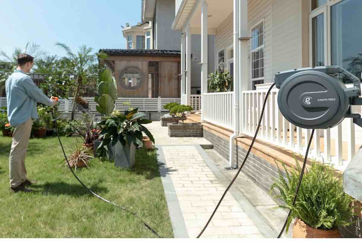 Giraffe Tools Retractable Garden Hose Reel – Wall Mounted, 90ft X 5/8" Hose, Light Grey