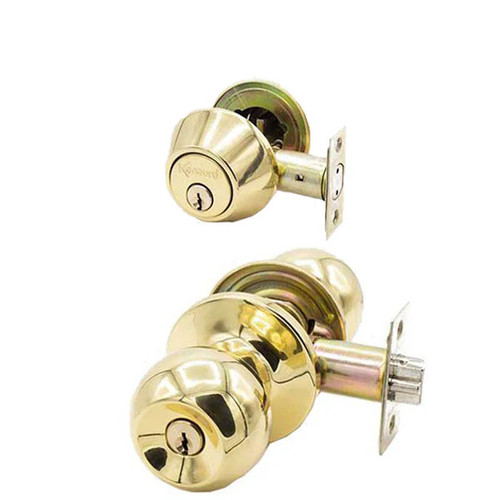 Kenaurd Premium Combo Lockset - Knob & Double Cylinder Deadbolt - Entrance - Polished Brass - Retail Packaging - KW1 / SC1 - Grade 3