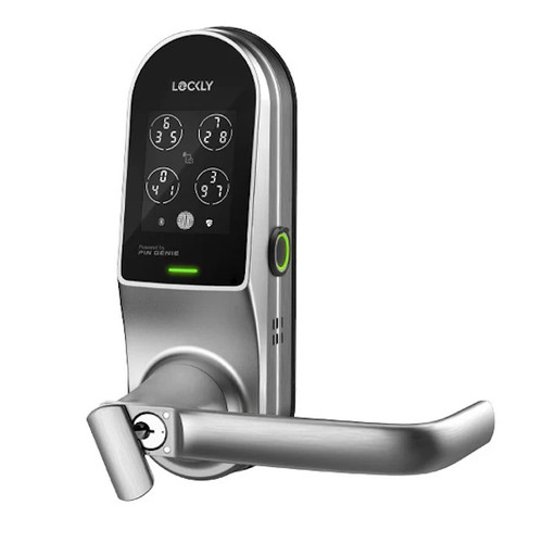 Lockly Guard LATCH 679L Lever Latch Smart Lock -Wi-Fi-Bluetooth App Controlled, Fingerprint Reader, Touchscreen Keypad, Key Override, Mifare RFID, Silver Nickel Finish