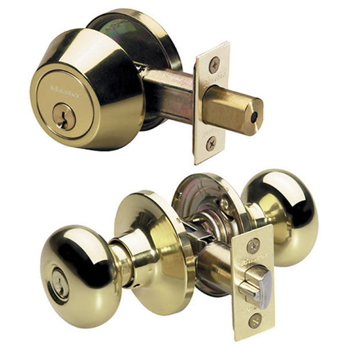 Master Lock BCC0603KA4S Biscuit Combo Pack Door Knob & Deadbolt SC1 - Entry - Grade 3 - Polished Brass