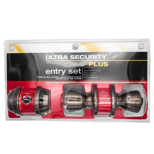 ULTRA HARDWARE Ultra 44009 Grade 3 Tulip Style Entry Door Knob & Deadbolt - Kwikset KW1 - Antique Brass - US5 Shop Hardware