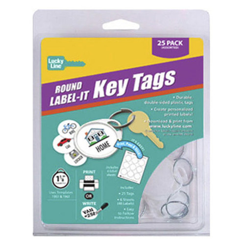 Lucky Line Round Label-It Plastic Tags with Labels and Rings ASSORTED White - 25 Pcs - Clamshell