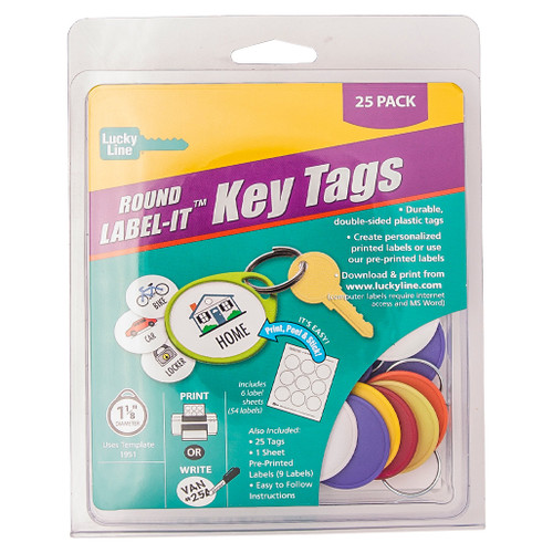 Lucky Line Lucky Line Round Label-It Plastic Tags with Labels and Rings ASSORTED - 25 Pcs - Clamshell Keys & Accessories