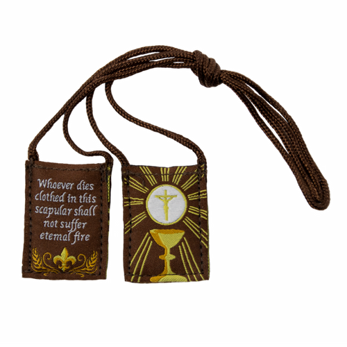 Premium Brown Scapular | Brown and Gold, Eucharist (Kids Size) - 13.5in