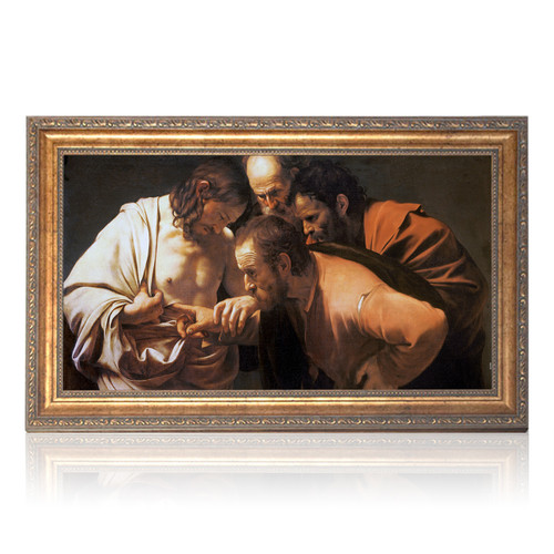 The Incredulity of Saint Thomas painting by Caravaggio (1601) - Framed Canvas - 12" x 22" - Doubting Thomas