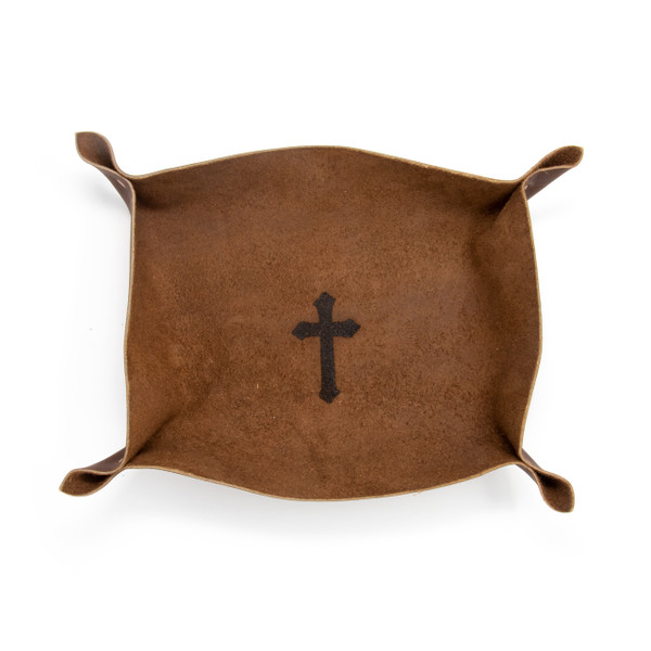 OreMoose || Valet Tray (Amber) - Handmade Leather Catchall Tray with Cross Design