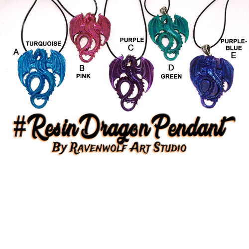 Resin Dragon Pendant Necklaces - A-Turquoise Blue, B-Metallic Pink, C-Purple Reign, D-Emerald Green, E-Violet Blue.