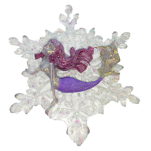 Pink Haired Mermaid on Shimmery Clear Ornament 